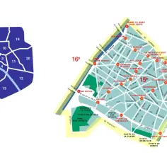Mapa Paryża z zaznaczonymi dzielnicami. 15 dzielnica Paryża, wyróżniona kolorem różowym, znajduje się na zachód od Sekwany.
