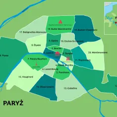 Mapa Paryża z zaznaczonymi dzielnicami i Sekwaną. W prawym górnym rogu mapa Francji z zaznaczonym Paryżem.
