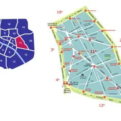 Mapa Paryża z zaznaczoną 11 dzielnicą. Widoczne są nazwy ulic i stacji metra.
