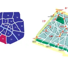 Mapa Paryża z zaznaczonymi dzielnicami. 14 dzielnica Paryża jest wyróżniona kolorem różowym.
