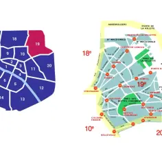 Mapa Paryża z zaznaczonymi dzielnicami. Dzielnica 19. jest wyróżniona kolorem różowym, sugerującym bezpieczne dzielnice Paryża.