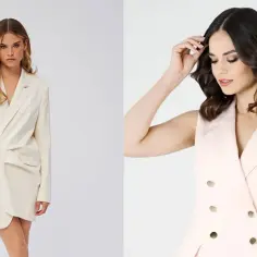 Eleganckie sukienki w stylu marynarki, idealne na zwiedzanie Luwru. Jasna, długa, z długim rękawem i kremowa, krótka, bez rękawów.