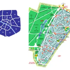 Mapa Paryża z zaznaczonymi dzielnicami. 16 dzielnica Paryża, wyróżniona na czerwono, to obszar na zachodzie miasta.