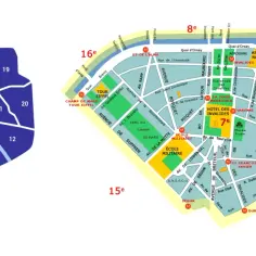 Mapa Paryża z zaznaczoną na czerwono 7 dzielnicą. Widać tu m.in. Wieżę Eiffla, Pola Marsowe i Hotel Inwalidów.