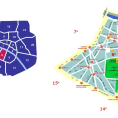 Mapa Paryża z zaznaczonymi dzielnicami. Wyróżniona 6 dzielnica paryża, gdzie znajduje się Ogród Luksemburski.