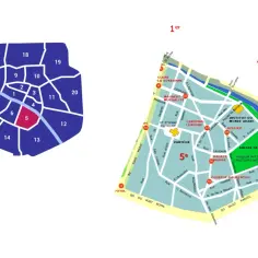 Mapa Paryża z zaznaczonymi dzielnicami. 5 dzielnica Paryża, znana jako Dzielnica Łacińska, jest widoczna na mapie.
