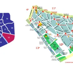 Mapa Paryża z zaznaczonymi dzielnicami. 12 dzielnica Paryża, oznaczona kolorem różowym, znajduje się na wschodzie.