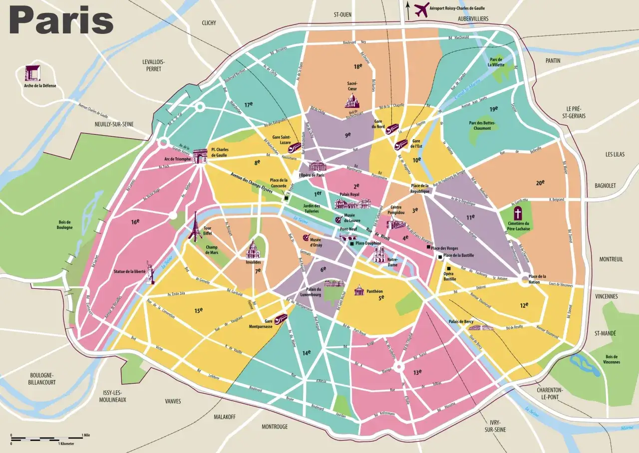 Mapa Paryża z zaznaczonymi dzielnicami i głównymi atrakcjami. Widać tu paryską powierzchnię aglomeracji, rzekę Sekwanę i tereny zielone.