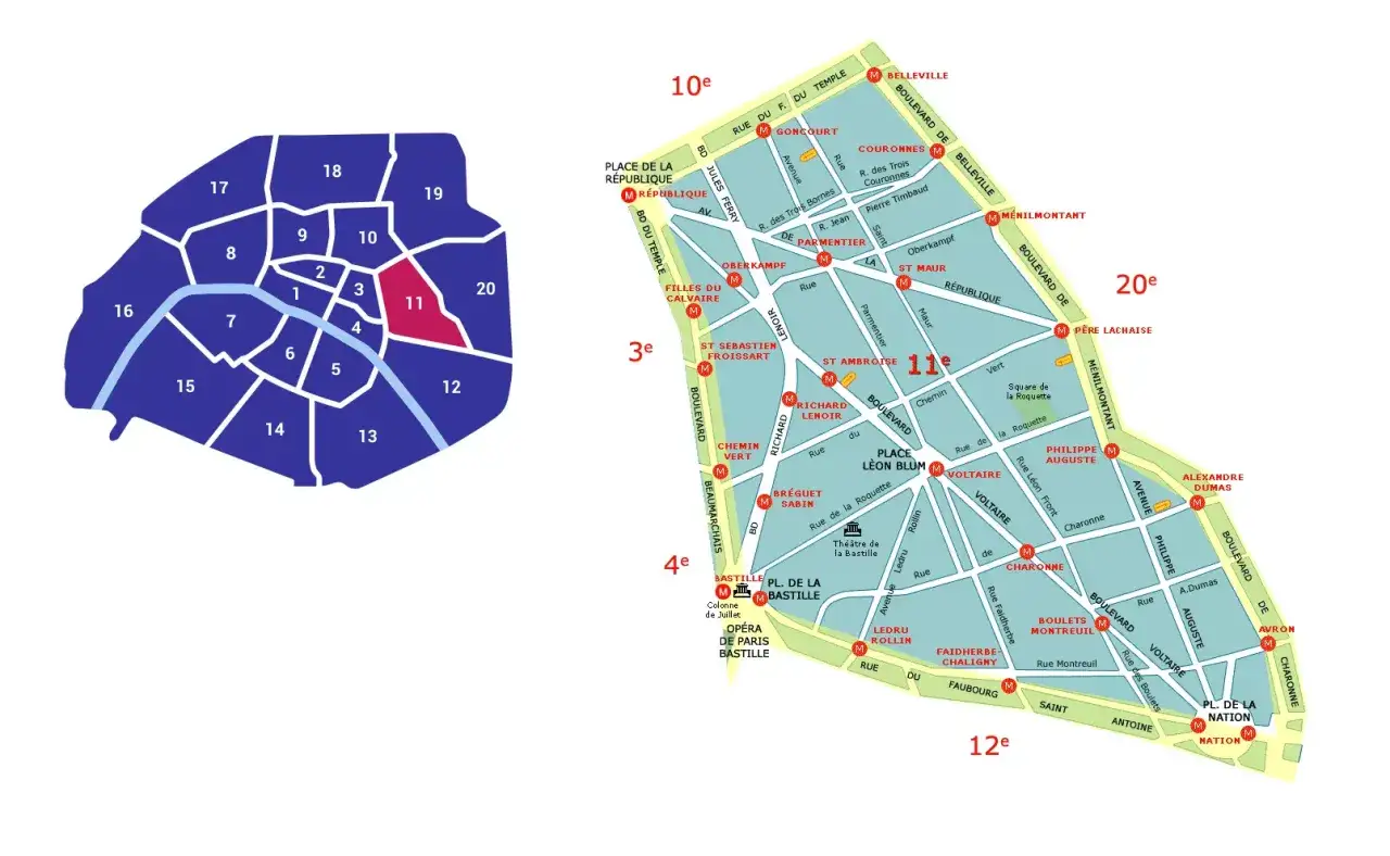 Mapa Paryża z zaznaczoną 11 dzielnicą. Widać jej granice i nazwy ulic, stacji metra.
