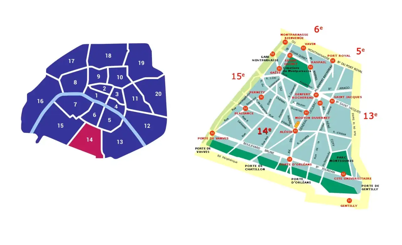 Mapa Paryża z zaznaczonymi dzielnicami. 14 dzielnica Paryża, oznaczona kolorem różowym, znajduje się na południu.
