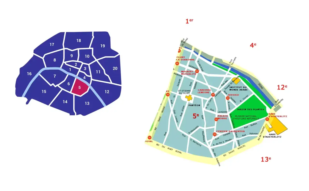 Mapa Paryża z zaznaczonymi dzielnicami. Wyróżniona 5 dzielnica Paryża, znana z Panteonu i Ogrodu Botanicznego.