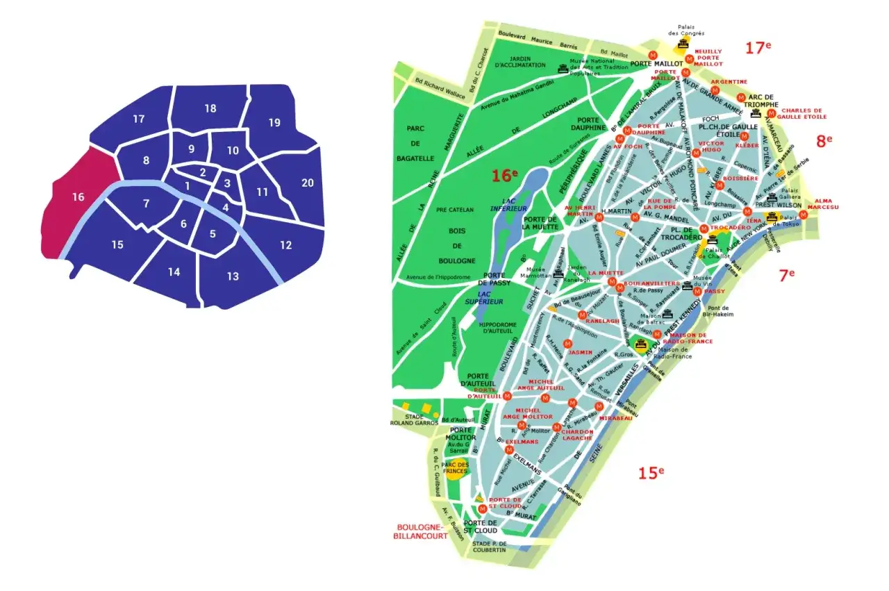 Mapa Paryża z zaznaczonymi dzielnicami. 16 dzielnica Paryża, wyróżniona na czerwono, znajduje się na zachodzie miasta.