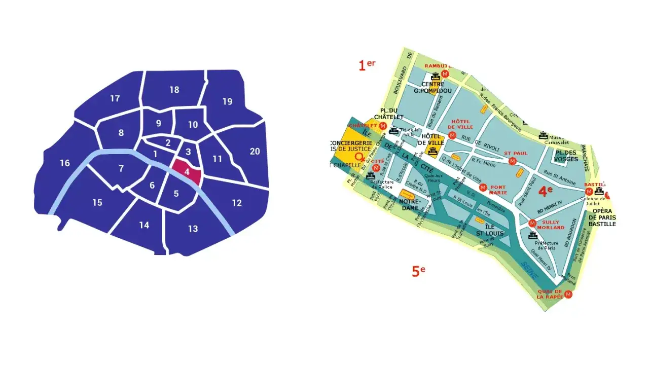 Mapa Paryża z zaznaczonymi dzielnicami. Czwarta dzielnica, 5 dzielnica Paryża, jest widoczna na mapie.