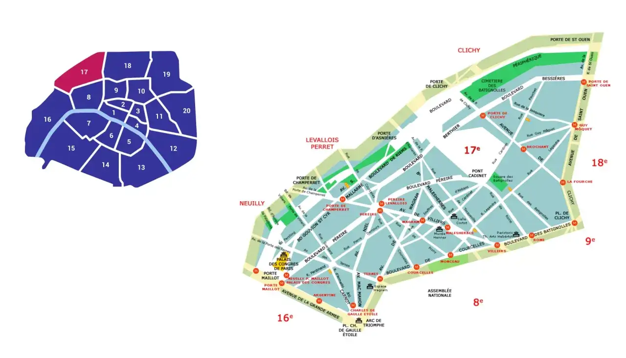 Mapa Paryża z zaznaczonym 17 dzielnicą. Widoczne ulice, bulwary i stacje metra.