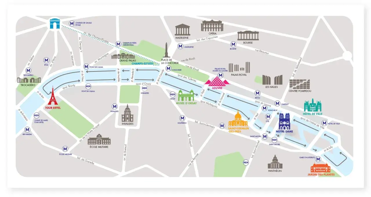 Mapa Paryża z zaznaczonymi atrakcjami i stacjami metra. Widać, gdzie płynie Sekwana, otaczając Île de la Cité z Notre Dame.