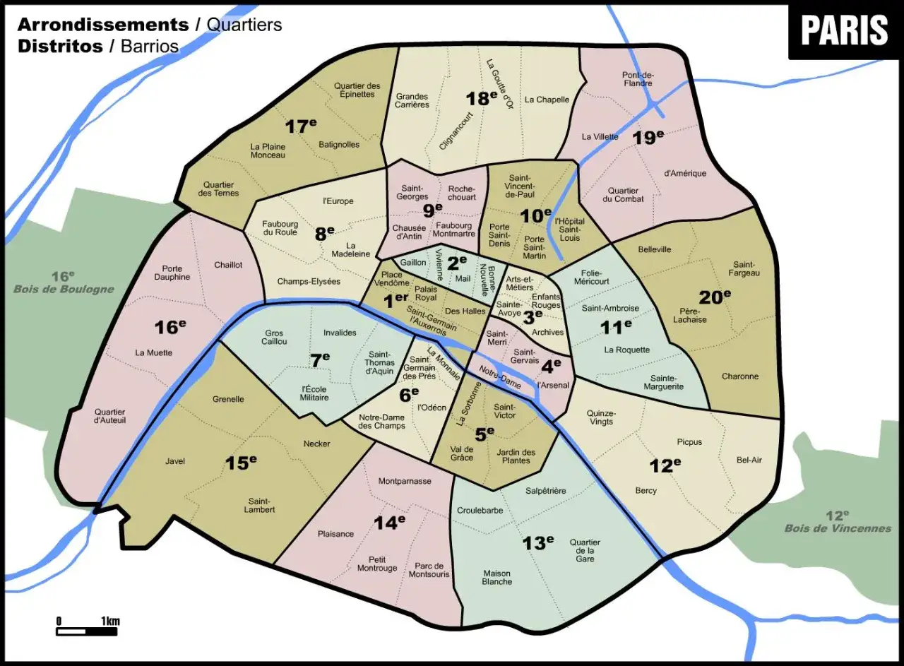 Mapa Paryża z zaznaczonymi dzielnicami. Widać 5 dzielnicę Paryża, w tym Ogrody Roślin i Saint-Victor.