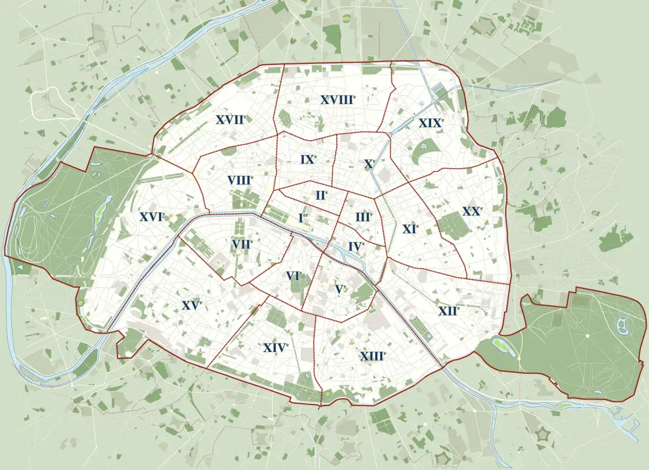 Mapa administracyjna Paryża z zaznaczonymi 20 dzielnicami. 16 dzielnica Paryża, rozległa i zielona, znajduje się po lewej stronie Sekwany.