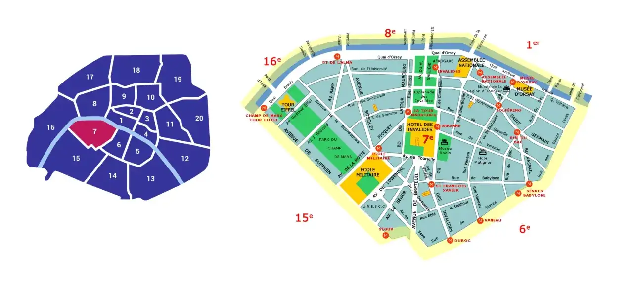 Mapa Paryża z zaznaczoną 7 dzielnicą, gdzie znajduje się Wieża Eiffla i Pola Marsowe.