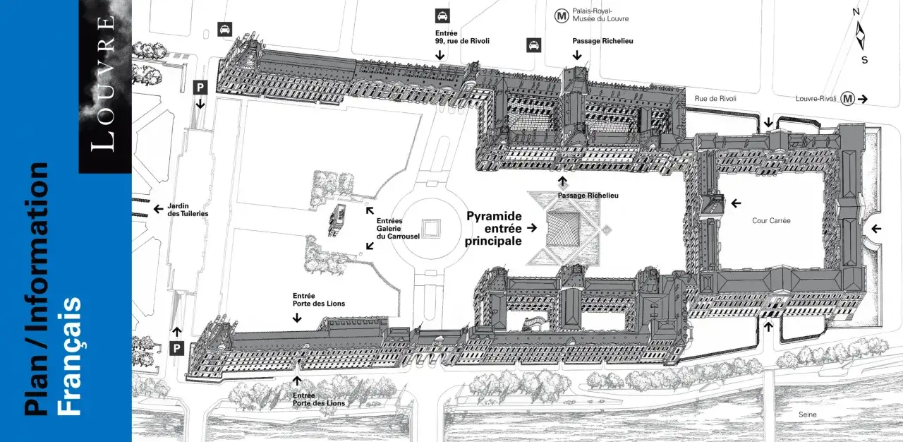Plan Luwru z zaznaczonymi wejściami i drogami. Zastanawiasz się, ile czasu na zwiedzanie Luwru? Ta mapa pomoże Ci zaplanować wizytę.